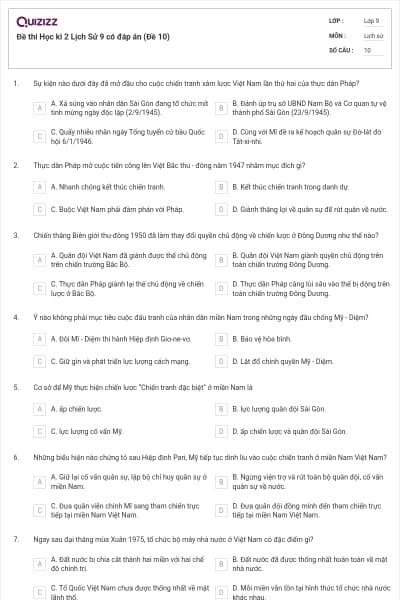 Đề thi Học kì 2 Lịch Sử 9 có đáp án (Đề 10)