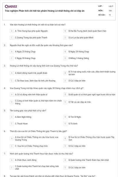 Trắc nghiệm Phân tích chi tiết tác phẩm Hoàng Lê nhất thống chí có đáp án