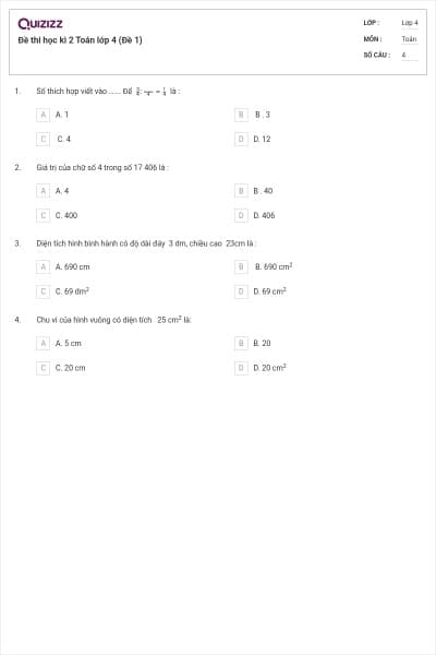 Đề thi học kì 2 Toán lớp 4 (Đề 1)