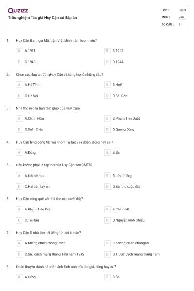 Trắc nghiệm Tác giả Huy Cận có đáp án