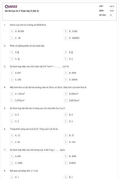 Đề thi học kì 2 Toán lớp 4 (Đề 2)