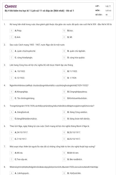 Bộ 4 Đề kiểm tra học kì 1 Lịch sử 11 có đáp án (Mới nhất) - Đề số 1