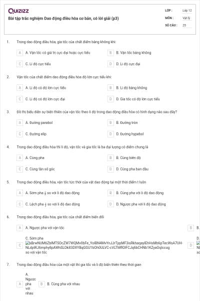 Bài tập trắc nghiệm Dao động điều hòa cơ bản, có lời giải (p3)
