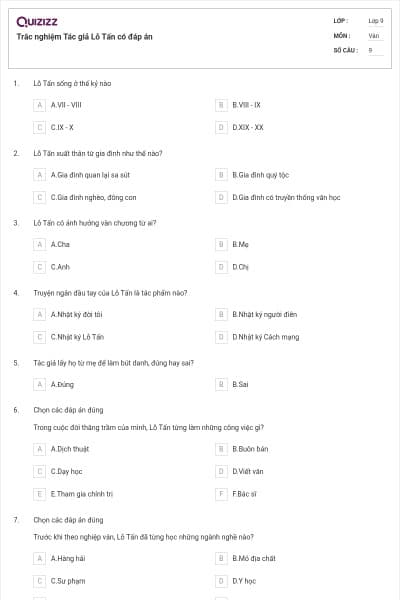 Trắc nghiệm Tác giả Lỗ Tấn có đáp án