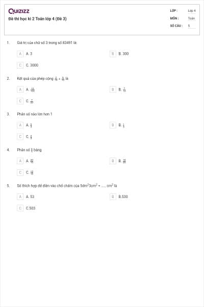 Đề thi học kì 2 Toán lớp 4 (Đề 3)