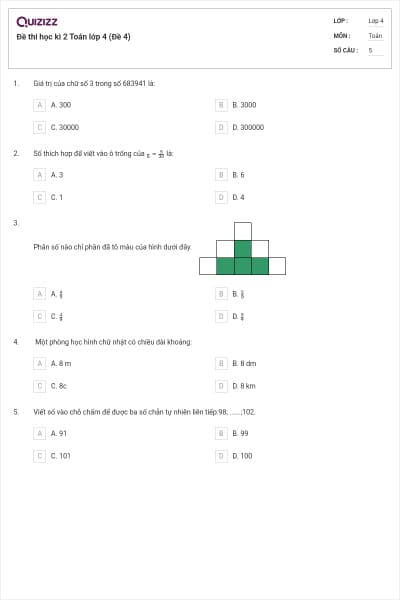 Đề thi học kì 2 Toán lớp 4 (Đề 4)