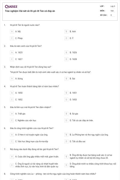 Trắc nghiệm Vài nét về Hi-pô-lít Ten có đáp án