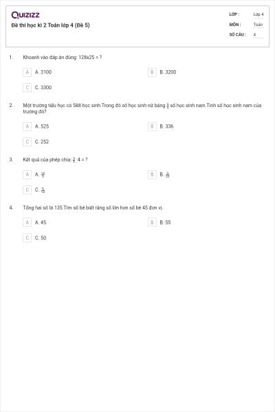 Đề thi học kì 2 Toán lớp 4 (Đề 5)