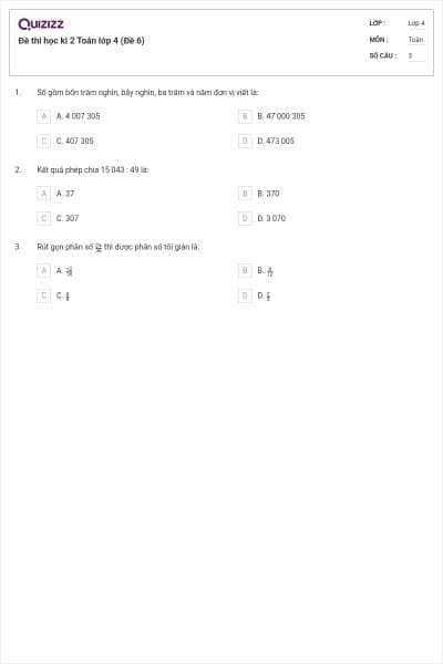 Đề thi học kì 2 Toán lớp 4 (Đề 6)