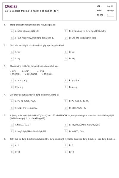 Bộ 10  Đề kiểm tra Hóa 11 học kì 1 có đáp án (đề 4)