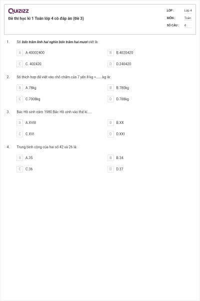 Đề thi học kì 1 Toán lớp 4 có đáp án (Đề 3)