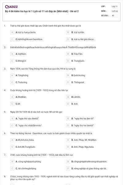 Bộ 4 Đề kiểm tra học kì 1 Lịch sử 11 có đáp án (Mới nhất) - Đề số 2