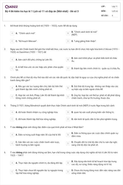Bộ 4 Đề kiểm tra học kì 1 Lịch sử 11 có đáp án (Mới nhất) - Đề số 3