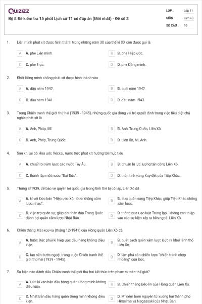 Bộ 8 Đề kiểm tra 15 phút Lịch sử 11 có đáp án (Mới nhất) - Đề số 3