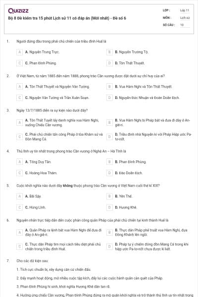 Bộ 8 Đề kiểm tra 15 phút Lịch sử 11 có đáp án (Mới nhất) - Đề số 6