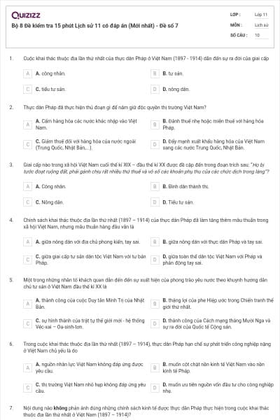 Bộ 8 Đề kiểm tra 15 phút Lịch sử 11 có đáp án (Mới nhất) - Đề số 7