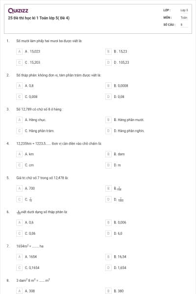 25 Đề thi học kì 1 Toán lớp 5( Đề 4)