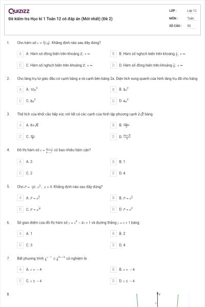 Đề kiểm tra Học kì 1 Toán 12 có đáp án (Mới nhất) (Đề 2)