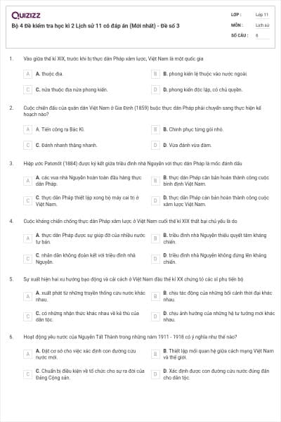 Bộ 4 Đề kiểm tra học kì 2 Lịch sử 11 có đáp án (Mới nhất) - Đề số 3