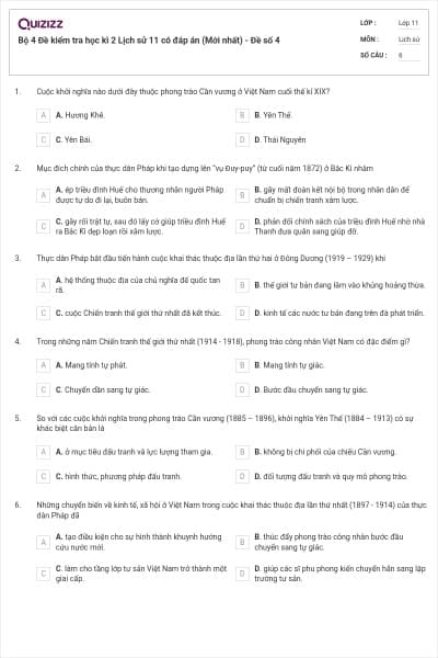 Bộ 4 Đề kiểm tra học kì 2 Lịch sử 11 có đáp án (Mới nhất) - Đề số 4