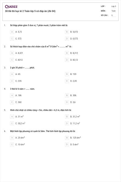 30 Đề thi học kì 2 Toán lớp 5 có đáp án (đề 04)
