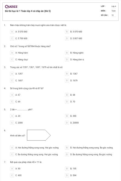 Đề thi học kì 1 Toán lớp 4 có đáp án (Đề 5)