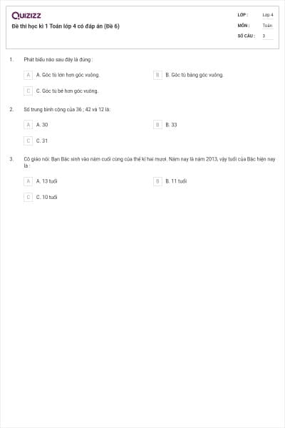 Đề thi học kì 1 Toán lớp 4 có đáp án (Đề 6)