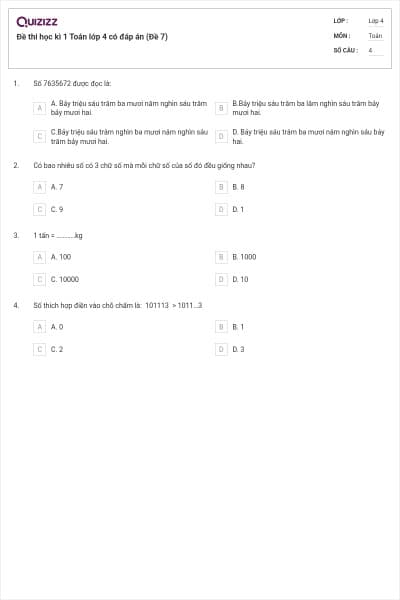 Đề thi học kì 1 Toán lớp 4 có đáp án (Đề 7)