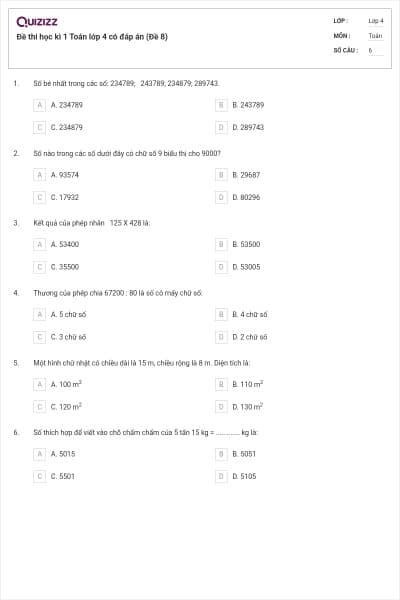 Đề thi học kì 1 Toán lớp 4 có đáp án (Đề 8)