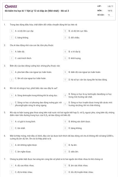Đề kiểm tra học kì 1 Vật Lý 12 có đáp án (Mới nhất) - Đề số 3