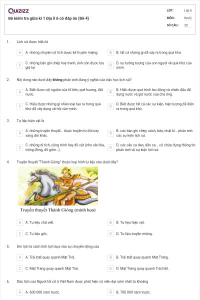 Đề kiểm tra giữa kì 1 Địa lí 6 có đáp án (Đề 4)
