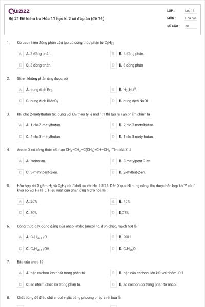 Bộ 21 Đề kiểm tra Hóa 11 học kì 2 có đáp án (đề 14)