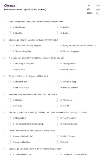 Đề kiểm tra cuối kì 1 Địa lí 6 có đáp án (Đề 4)