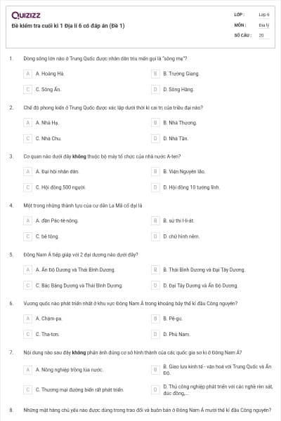 Đề kiểm tra cuối kì 1 Địa lí 6 có đáp án (Đề 1)