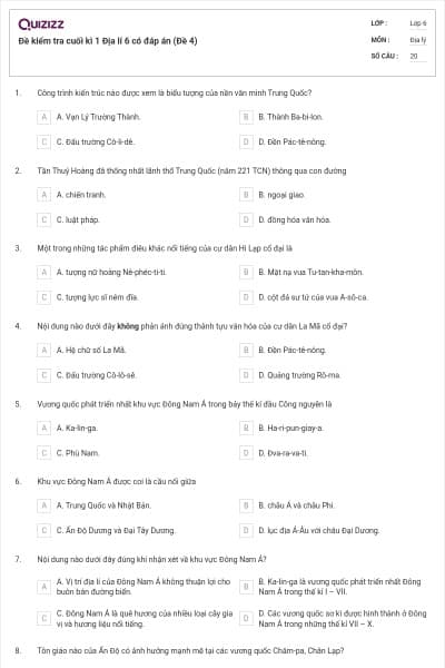 Đề kiểm tra cuối kì 1 Địa lí 6 có đáp án (Đề 4)