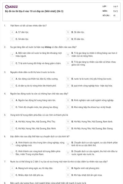 Bộ đề ôn thi Địa lí vào 10 có đáp án (Mới nhất) (Đề 3)