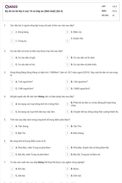 Bộ đề ôn thi Địa lí vào 10 có đáp án (Mới nhất) (Đề 4)