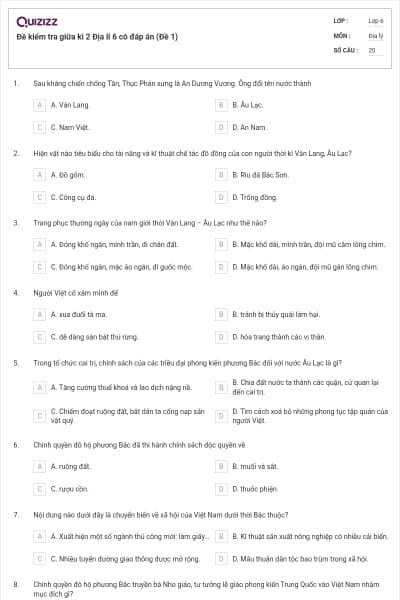 Đề kiểm tra giữa kì 2 Địa lí 6 có đáp án (Đề 1)