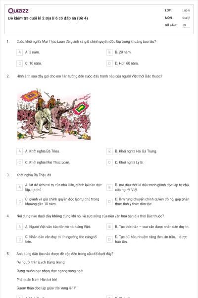 Đề kiểm tra cuối kì 2 Địa lí 6 có đáp án (Đề 4)