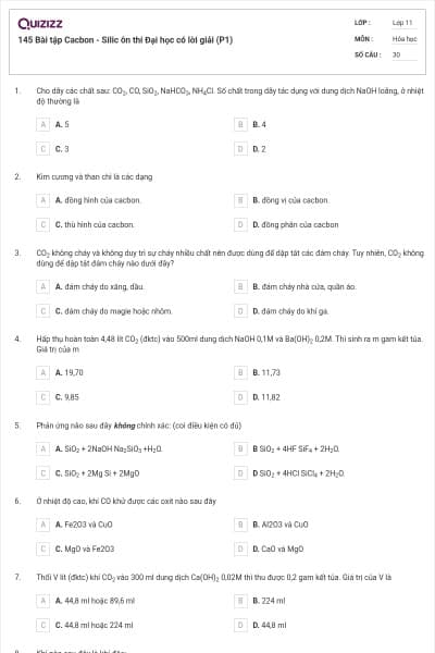 145 Bài tập Cacbon - Silic ôn thi Đại học có lời giải (P1)