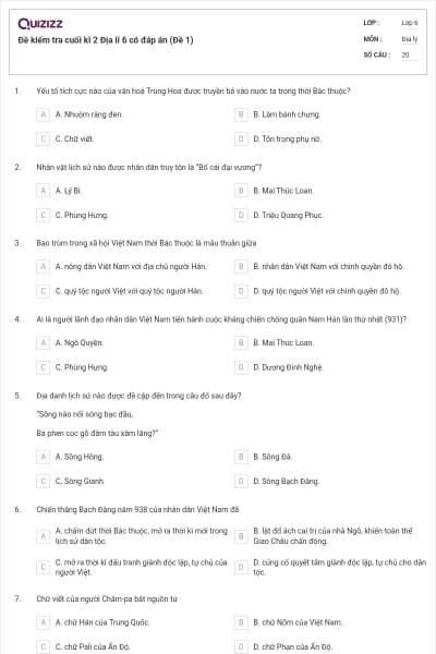 Đề kiểm tra cuối kì 2 Địa lí 6 có đáp án (Đề 1)