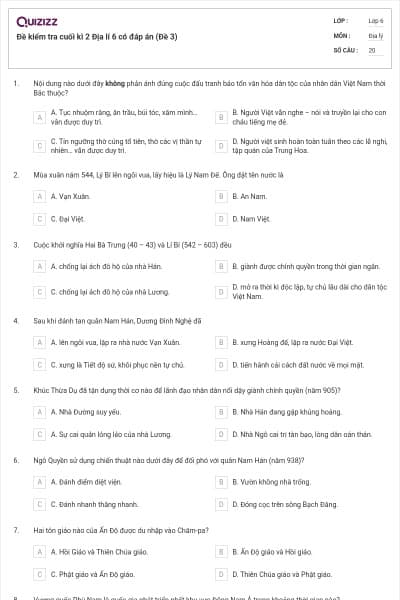 Đề kiểm tra cuối kì 2 Địa lí 6 có đáp án (Đề 3)