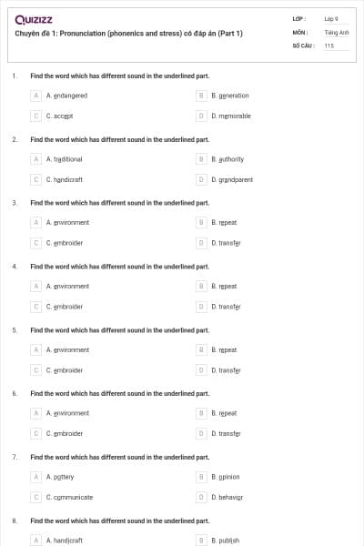 Chuyên đề 1: Pronunciation (phonenics and stress) có đáp án (Part 1)