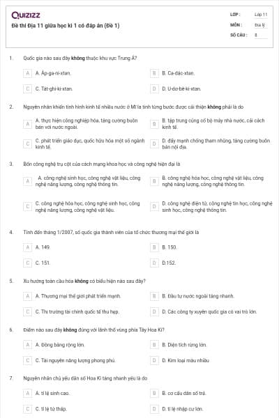 Đề thi Địa 11 giữa học kì 1 có đáp án (Đề 1)