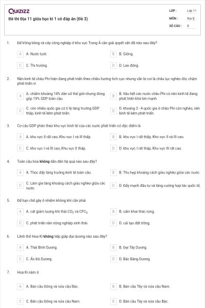 Đề thi Địa 11 giữa học kì 1 có đáp án (Đề 3)