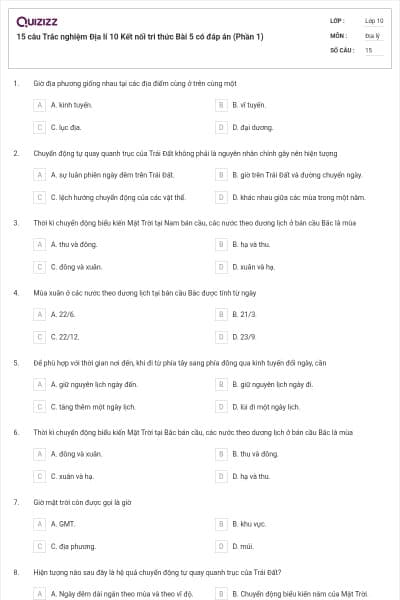 15 câu Trắc nghiệm Địa lí 10 Kết nối tri thức Bài 5 có đáp án (Phần 1)