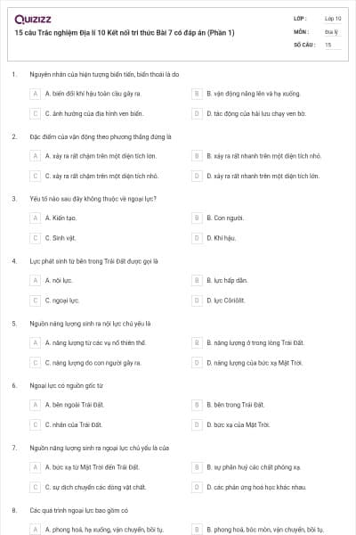 15 câu Trắc nghiệm Địa lí 10 Kết nối tri thức Bài 7 có đáp án (Phần 1)