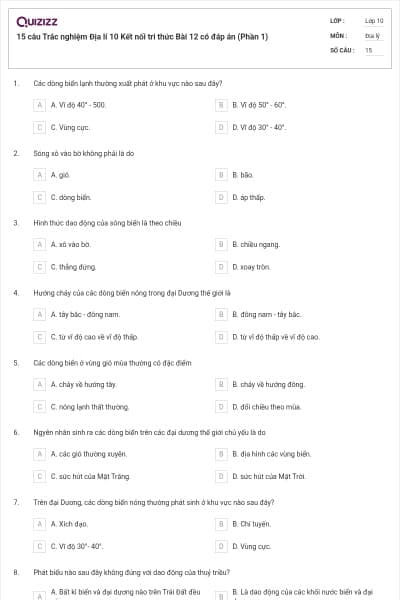 15 câu Trắc nghiệm Địa lí 10 Kết nối tri thức Bài 12 có đáp án (Phần 1)
