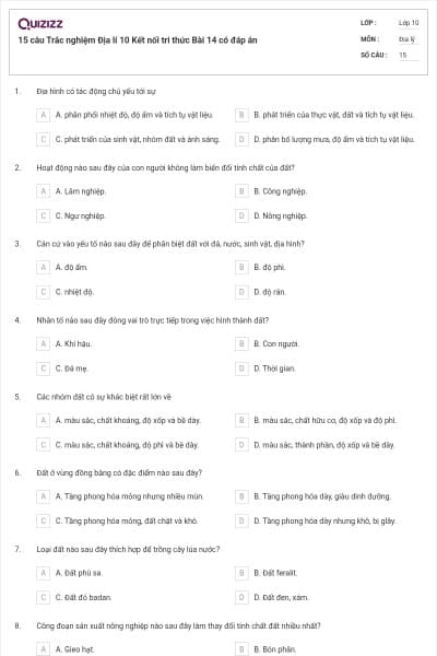 15 câu Trắc nghiệm Địa lí 10 Kết nối tri thức Bài 14 có đáp án