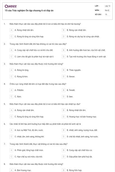15 câu Trắc nghiệm Ôn tập chương 6 có đáp án
